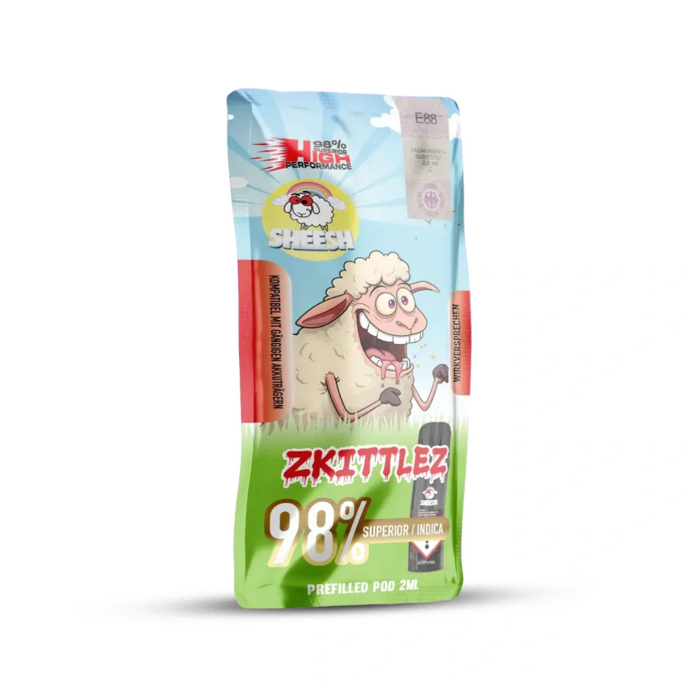 Sheesh Signature Pod Zkittlez Packshot Vorderseite, 98 Prozent Superior Indica, 2 ml