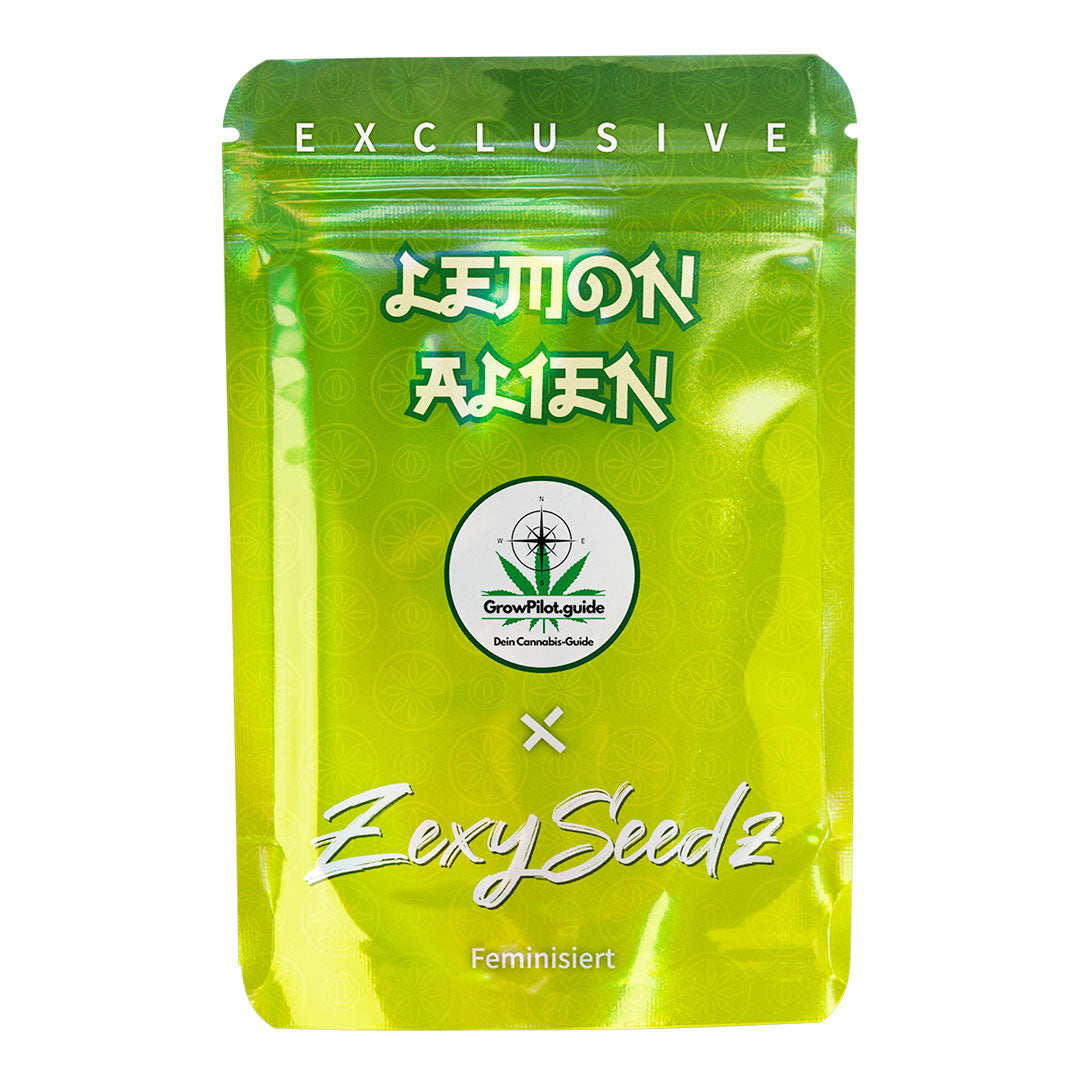 Lemon Alien fem Cannabis-Samen – grüne Zexy Seedz Verpackung mit GrowPilot.guide-Logo