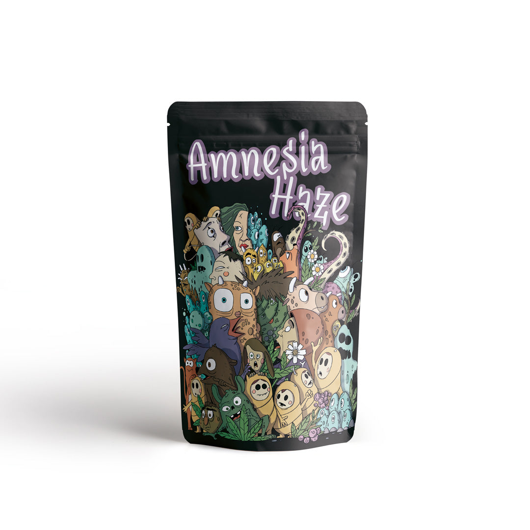 Canatrava CBC+ Amnesia Haze Blüten Verpackung in Schwarz mit Figurenillustration auf hellem Hintergrund