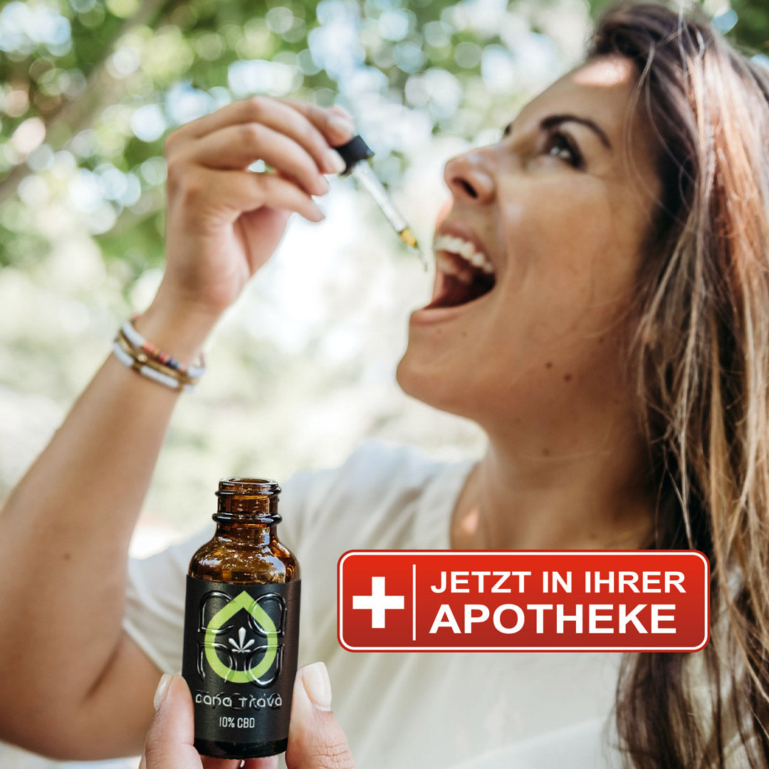 Cana Trava CBD Oel 10 Prozent mit Pipette, Frau bei der Anwendung, jetzt in Ihrer Apotheke
