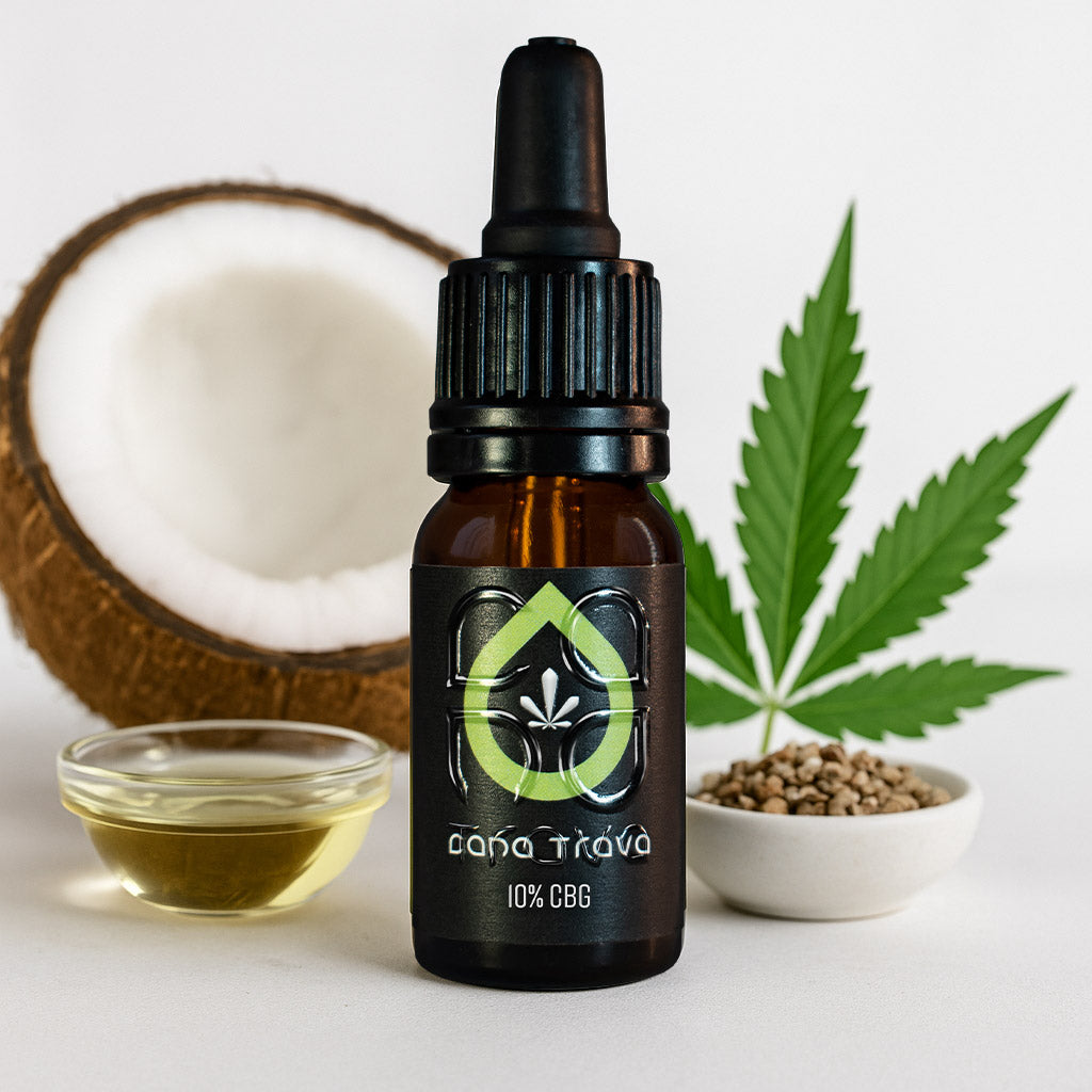 CBG Öl 10 % von Cana Trava vor Kokosnuss, Hanfblatt, Samen und Schale mit Öl