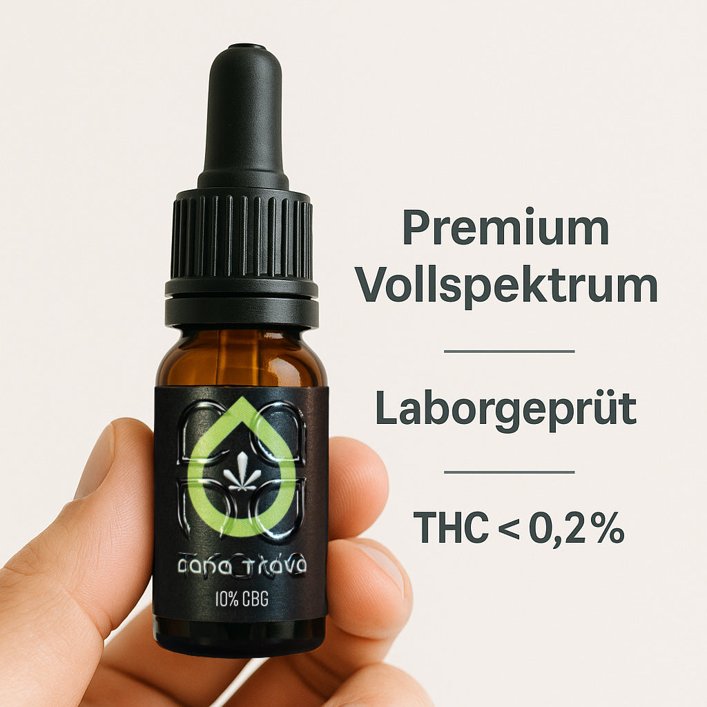 CBG Öl 10 % in der Hand mit eingeblendeten Produkthinweisen zu Vollspektrum, Laborprüfung und THC Gehalt