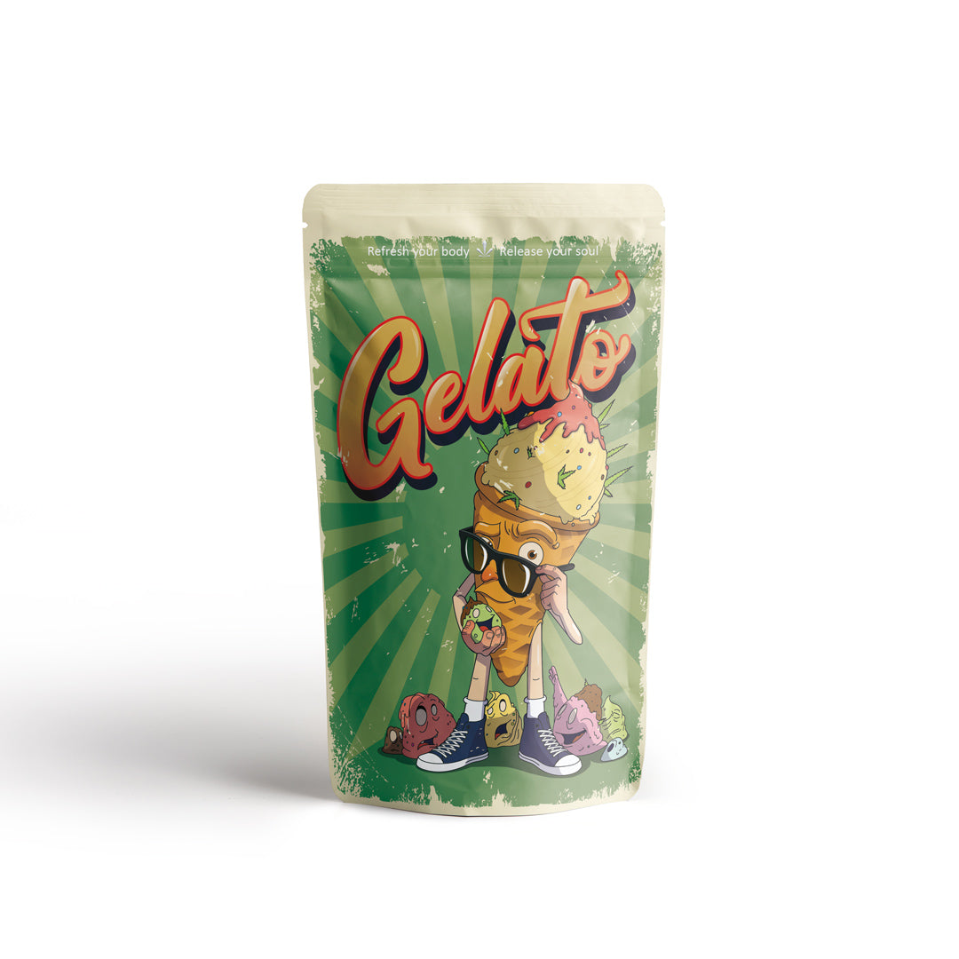 Canatrava CBC+ Gelato Blüten Verpackung in Grün mit Eiscreme Illustration auf hellem Hintergrund