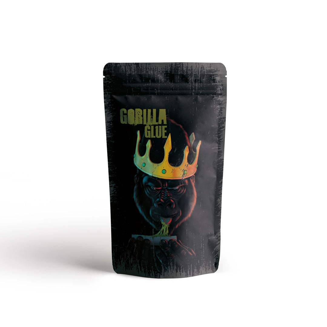 Canatrava CBC+ Gorilla Glue Blüten Verpackung in Schwarz mit Gorilla und Krone auf hellem Hintergrund