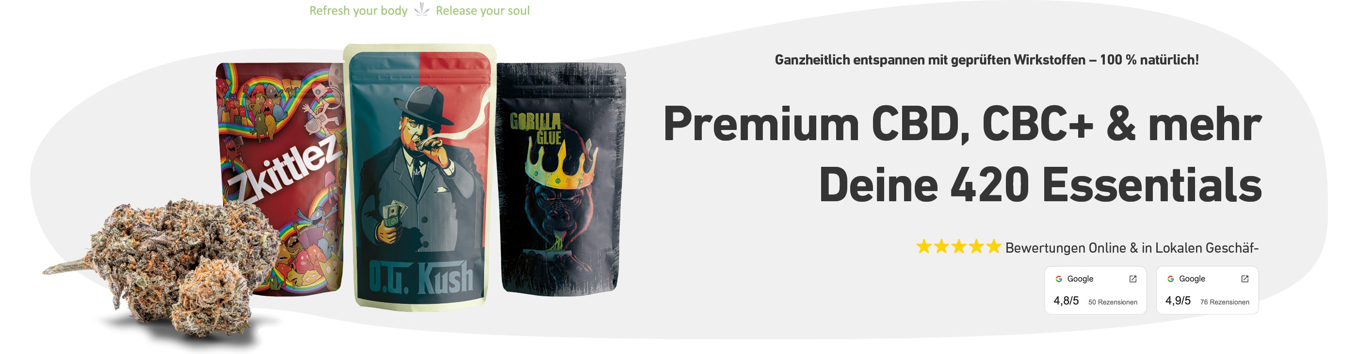 Drei Sorten CBD Cannabisblüten: Zkittlez, OG Kush, Gorilla Glue nebeneinander, freigestellt mit sichtbaren Blüten.