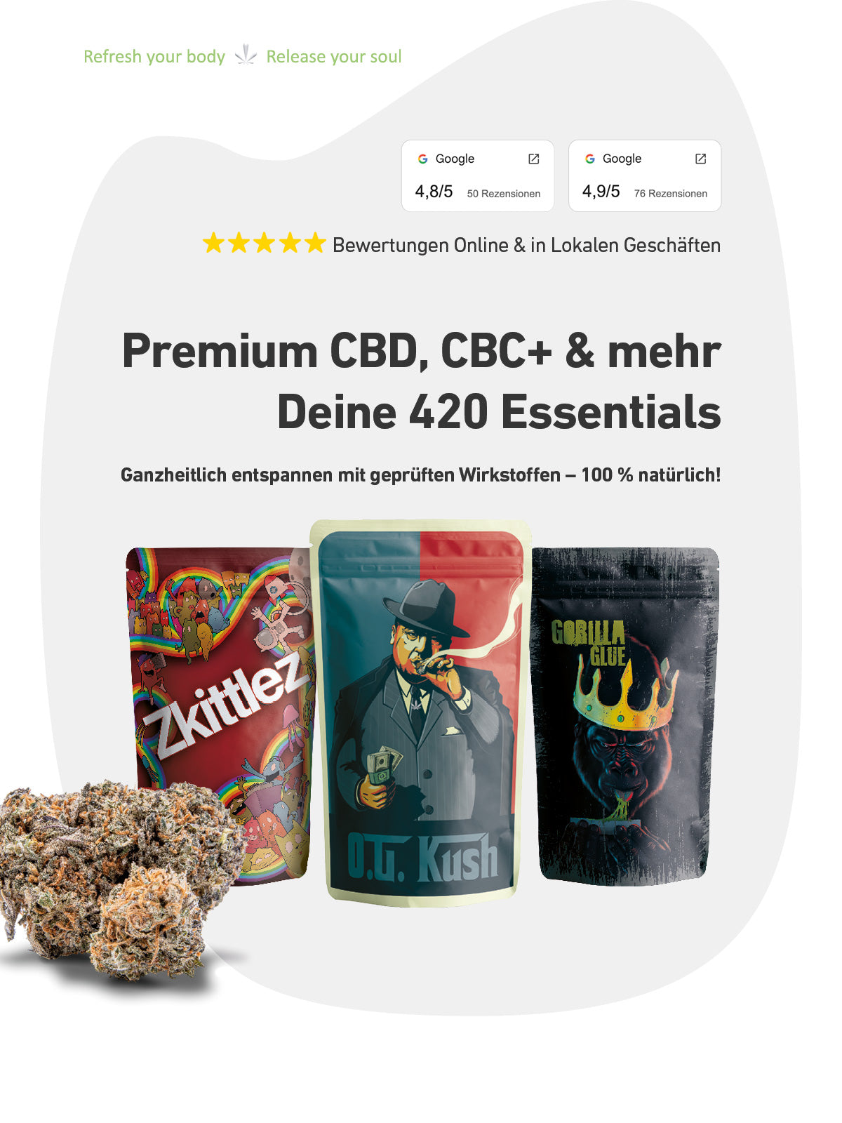 Hochformat-Hero mit drei CBD-Cannabisblüten: Zkittlez, OG Kush und Gorilla Glue als Produktbeutel zentral im Motiv.