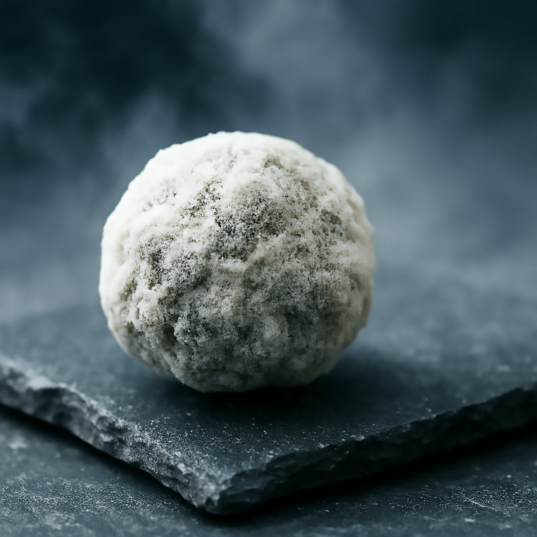CBD Ice Rock Aromabild mit weiß umhüllter Kugel auf dunkler Steinplatte vor kühlem blauem Hintergrund