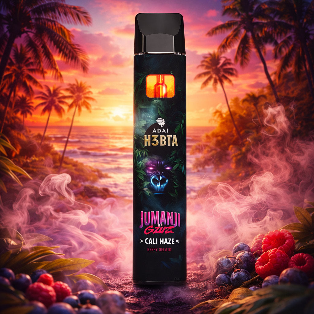 Jumanji by GZUZ H3BTA Vape Cali Haze, schwarzer Einweg Vape vor tropischem Sonnenuntergang, Beerentöne im Vordergrund und sanfter Rauch