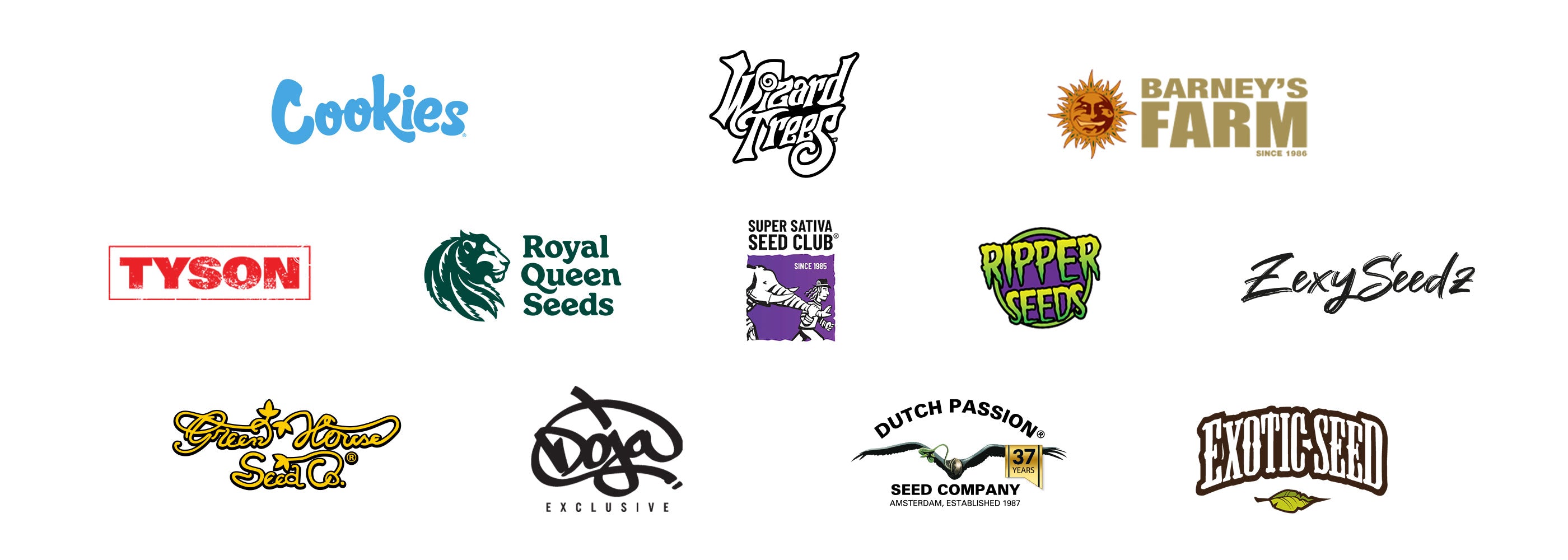 Logo Banner mit mehreren Seedbanks und Cannabis Marken auf hellem Hintergrund