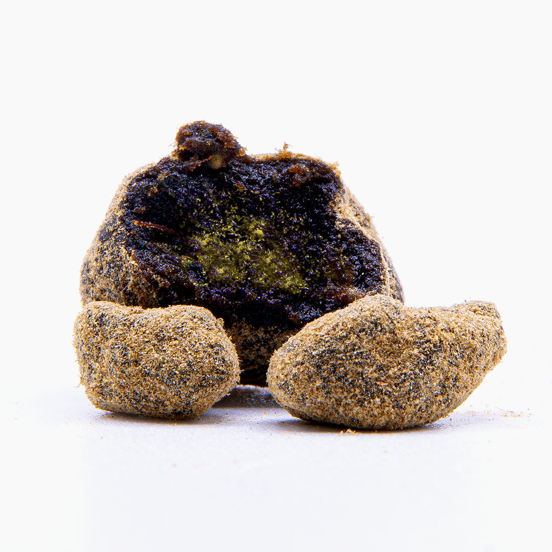 CBD Moon Rock mit kiefartiger Außenhülle, dunkler Innenstruktur und angeschnittener Mitte auf hellem Hintergrund