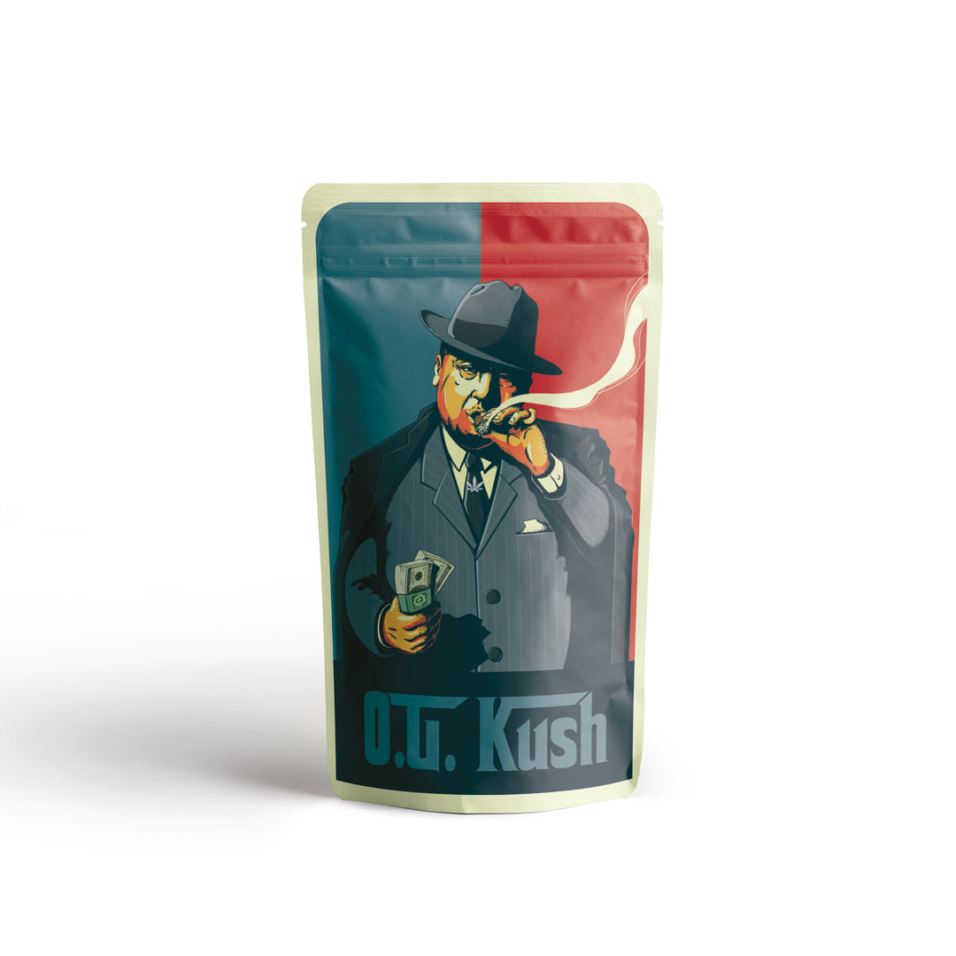 Canatrava CBC+ O.G. Kush Blüten Verpackung mit Gangster Illustration auf hellem Hintergrund