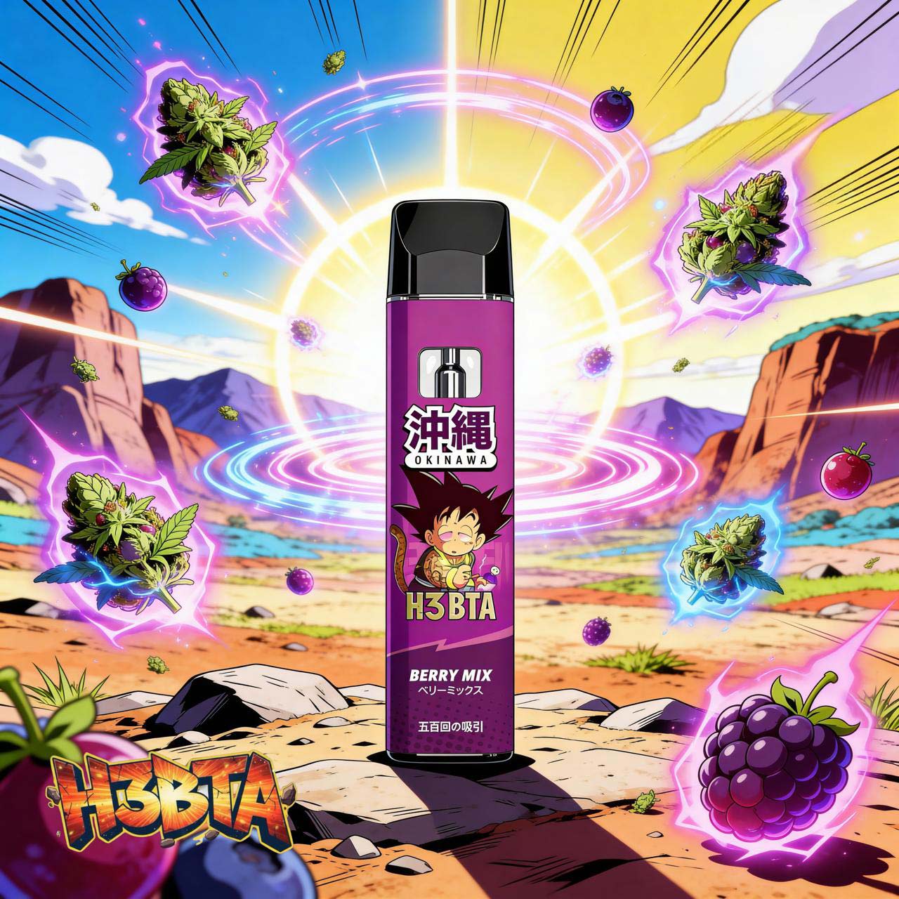 Okinawa H3BTA Berry Mix Vape in heller Anime Landschaft mit Beeren, schwebenden Cannabisblüten und violett leuchtenden Energieeffekten. Dragon Ball. Son-Goku