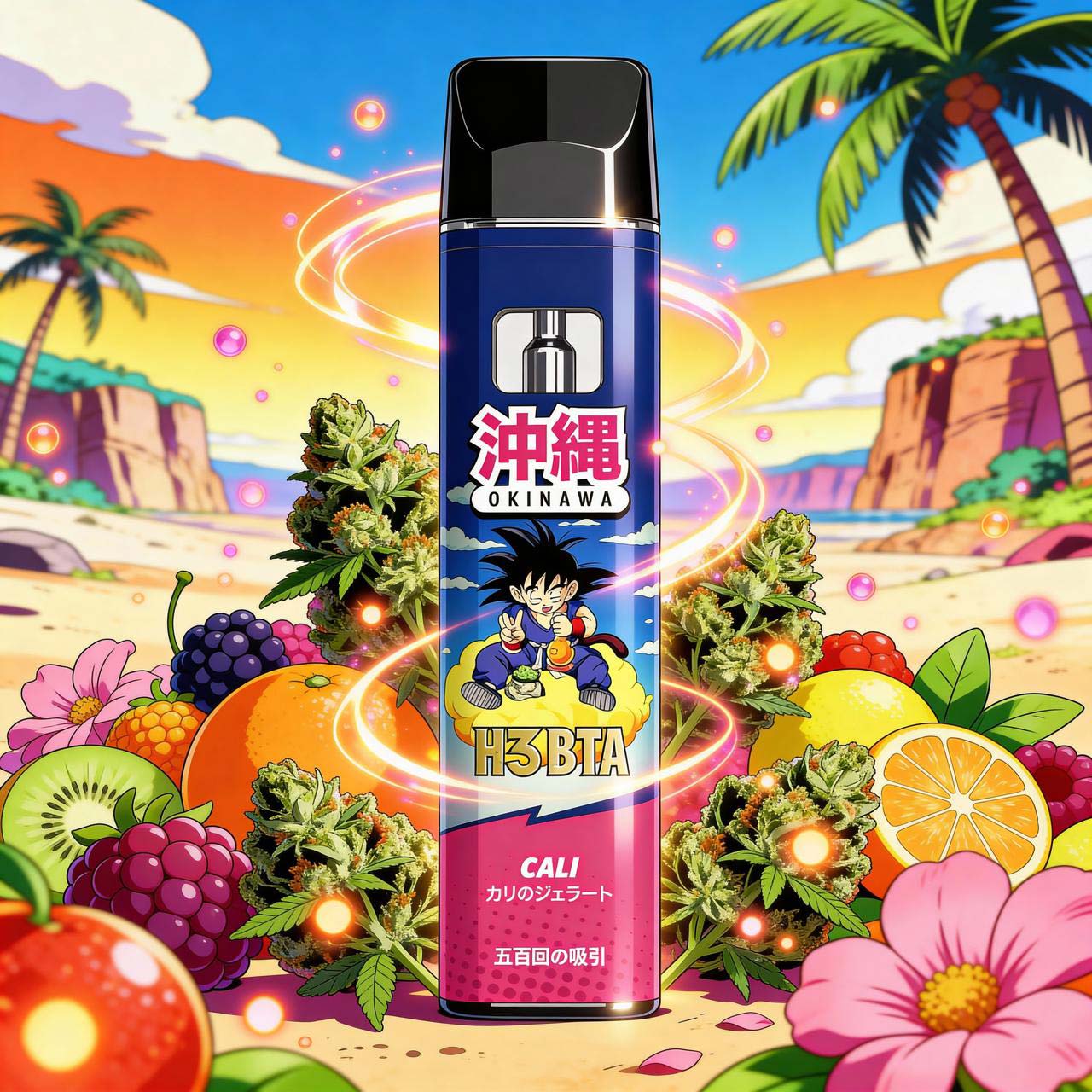 Okinawa H3BTA Cali Vape vor tropischer Anime Kulisse mit bunten Früchten, Blüten, Cannabisbuds und spiralförmigen Lichteffekten. Dragon Ball. Son-Goku