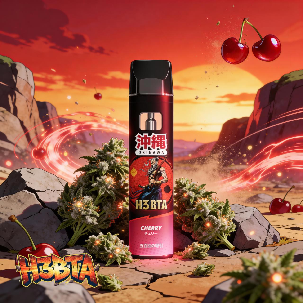 Okinawa H3BTA Cherry Vape in roter Anime Wüstenlandschaft mit Kirschen, Cannabisblüten und leuchtenden Energieeffekten.
