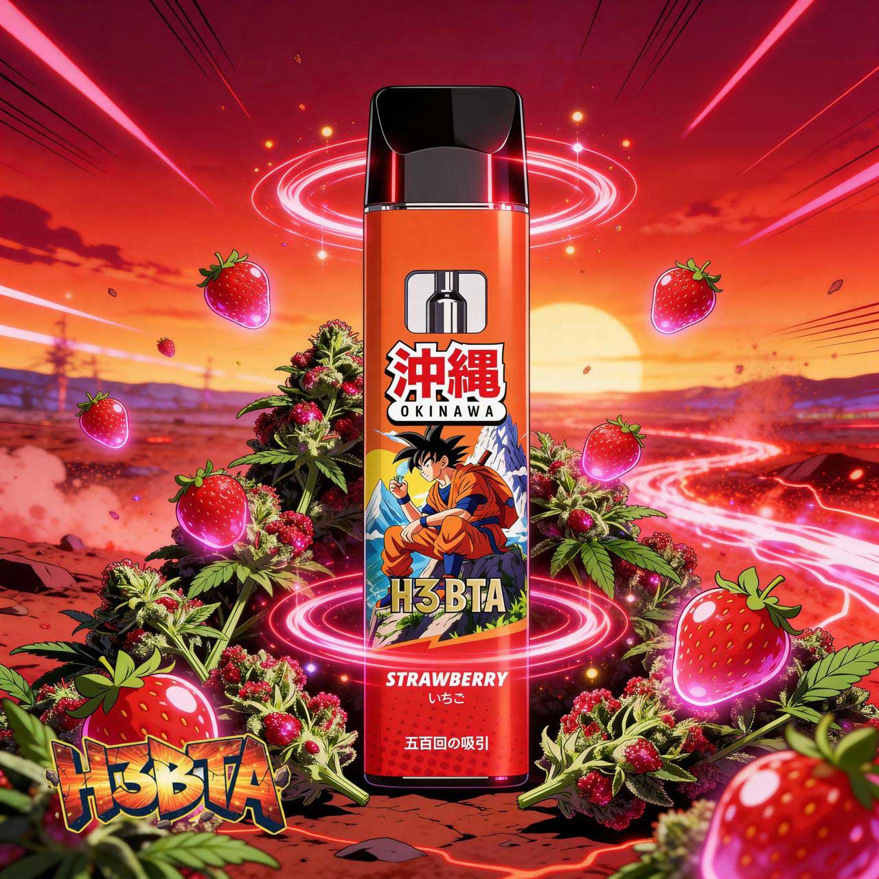 Okinawa H3BTA Strawberry Vape in roter Anime Sunset Szene mit Erdbeeren, Cannabisblüten und kreisenden pinken Energieeffekten. Dragon Ball. Son-Goku