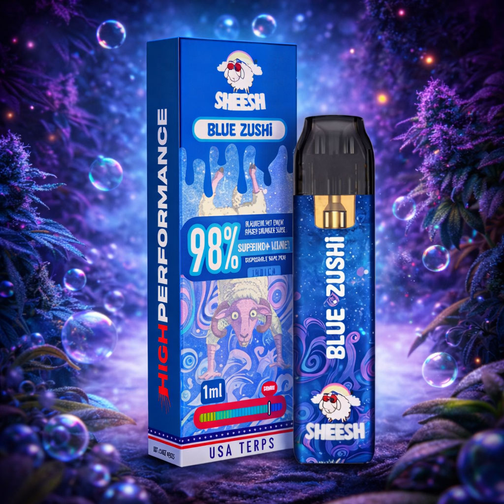 SHEESH High Performance Pod Blue Zushi, blaues Pod und Verpackung mit 98% Motiv, magischer violett blauer Waldhintergrund mit Seifenblasen und Lichtpunkten