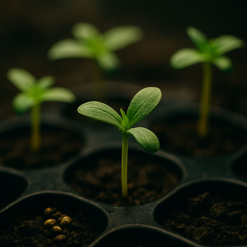 Vibe-Kachel „Explore & Grow“: junge Cannabis-Keimlinge in einer Anzuchtplatte, der vorderer Sprössling im Fokus.
