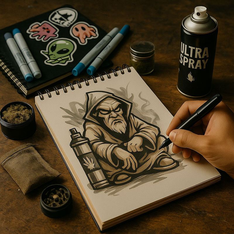 Vibe-Kachel „Focus & Flow“: Hand skizziert in einem Notizbuch, daneben Marker, Spraydose und kleine Behälter mit Cannabisblüte (CBD).