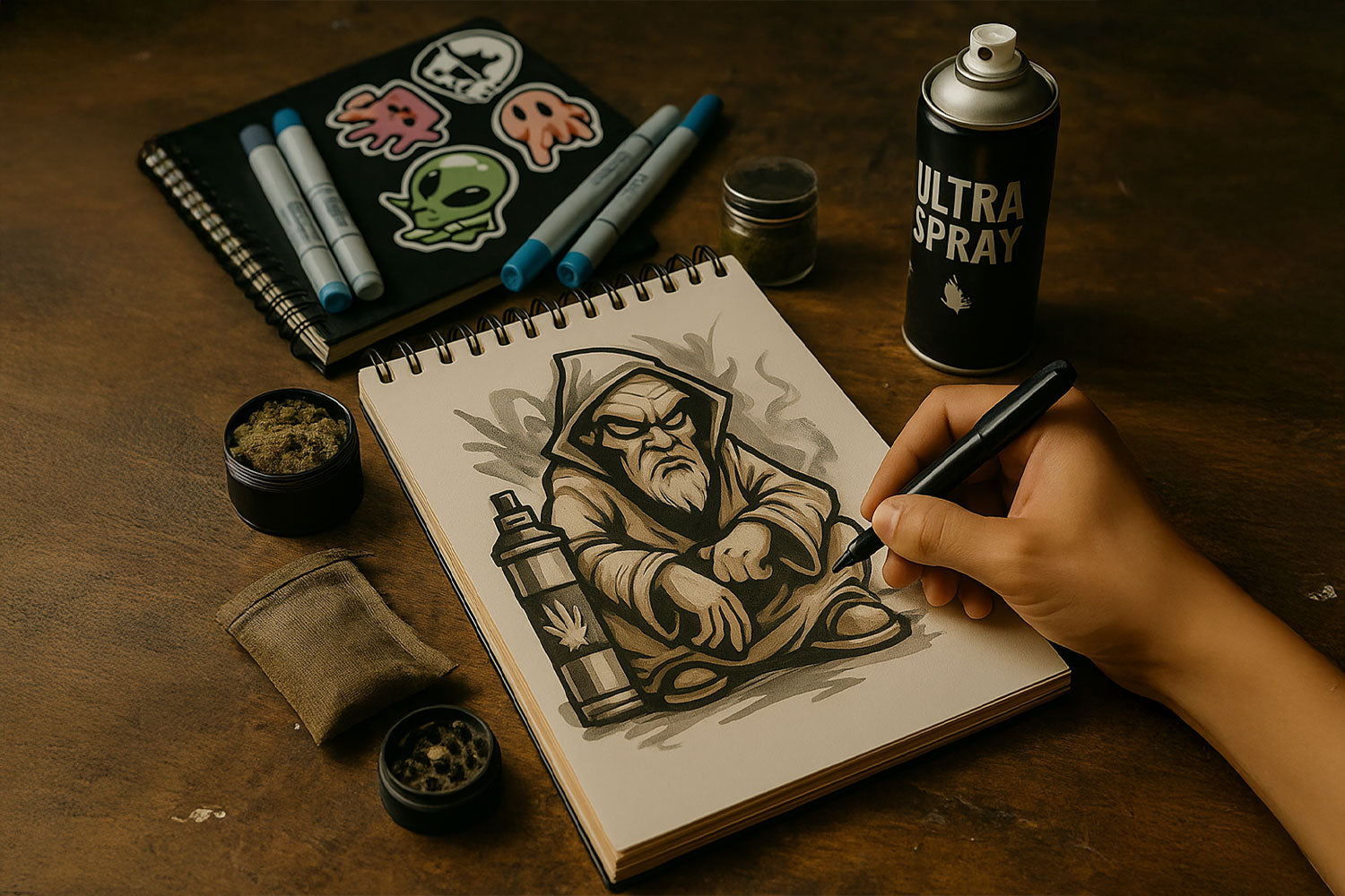 „Focus & Flow“: Nahaufnahme einer Hand, die in ein Notizbuch skizziert, flankiert von Markern, einer Spraydose und Behältern mit Cannabisblüte (CBD).