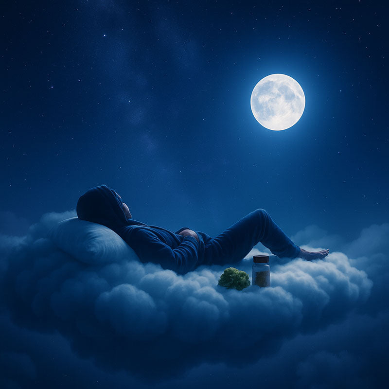 Vibe-Kachel „Night & Dream“: Person auf einer Wolke unter Vollmond, Glas mit Cannabisblüte (CBD).