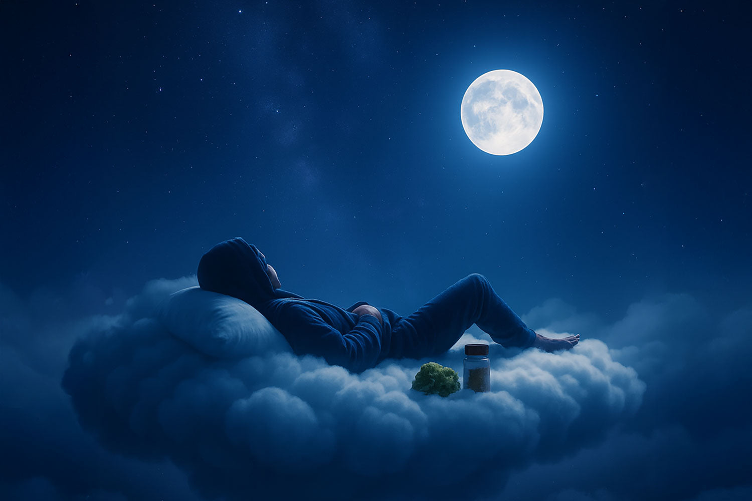 „Night & Dream“: unter dem Vollmond ruht eine Person auf einer Wolke, daneben steht ein Glas mit Cannabisblüte (CBD).