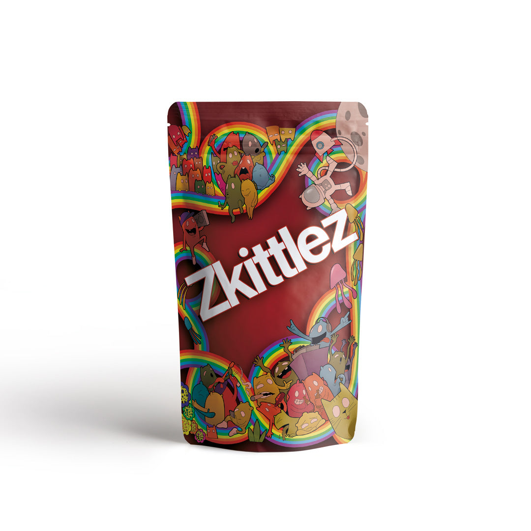 Canatrava CBC+ Zkittlez Blüten Verpackung mit buntem Comicmotiv und Regenbogen auf hellem Hintergrund